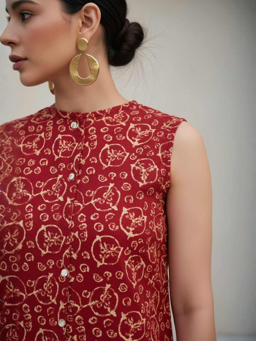 Romantic Florals Maroon Pure Cotton Sleeveless Tunic & Palazzos Set