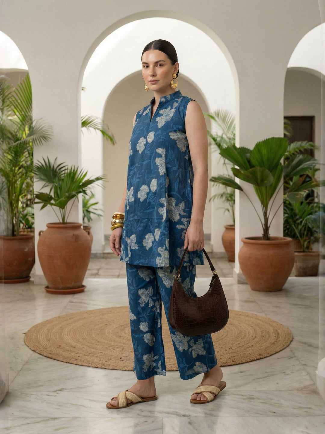 Sleeveless Indigo Printed Pure Cotton Set