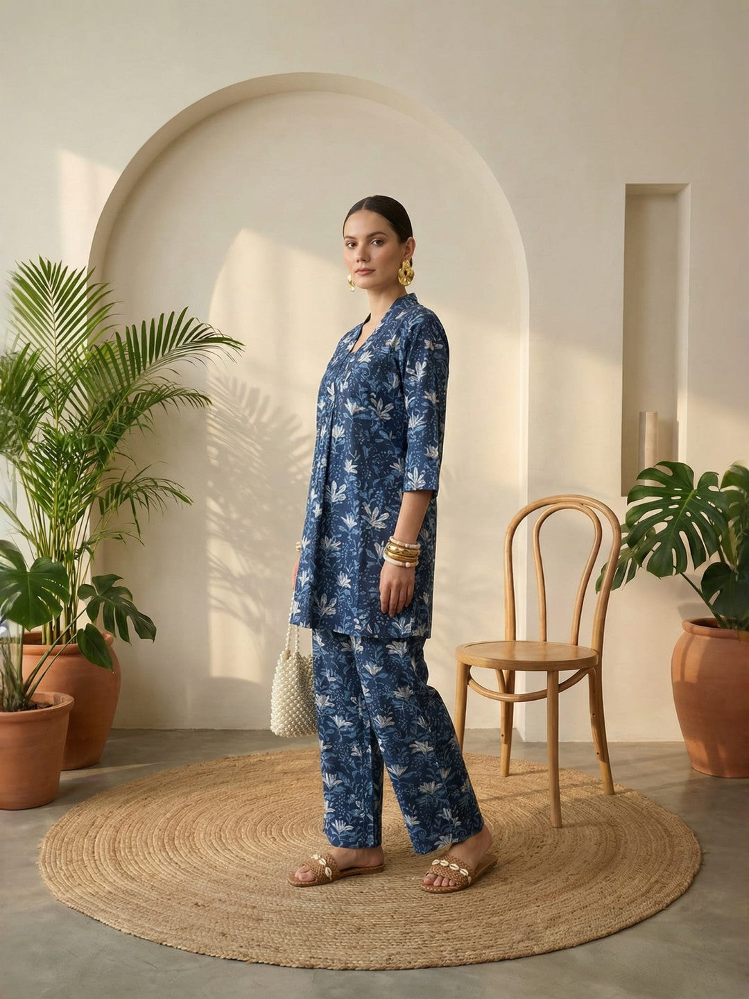 Indigo Floral Pure Cotton V-Neck Tunic & Palazzos Co-ord Set