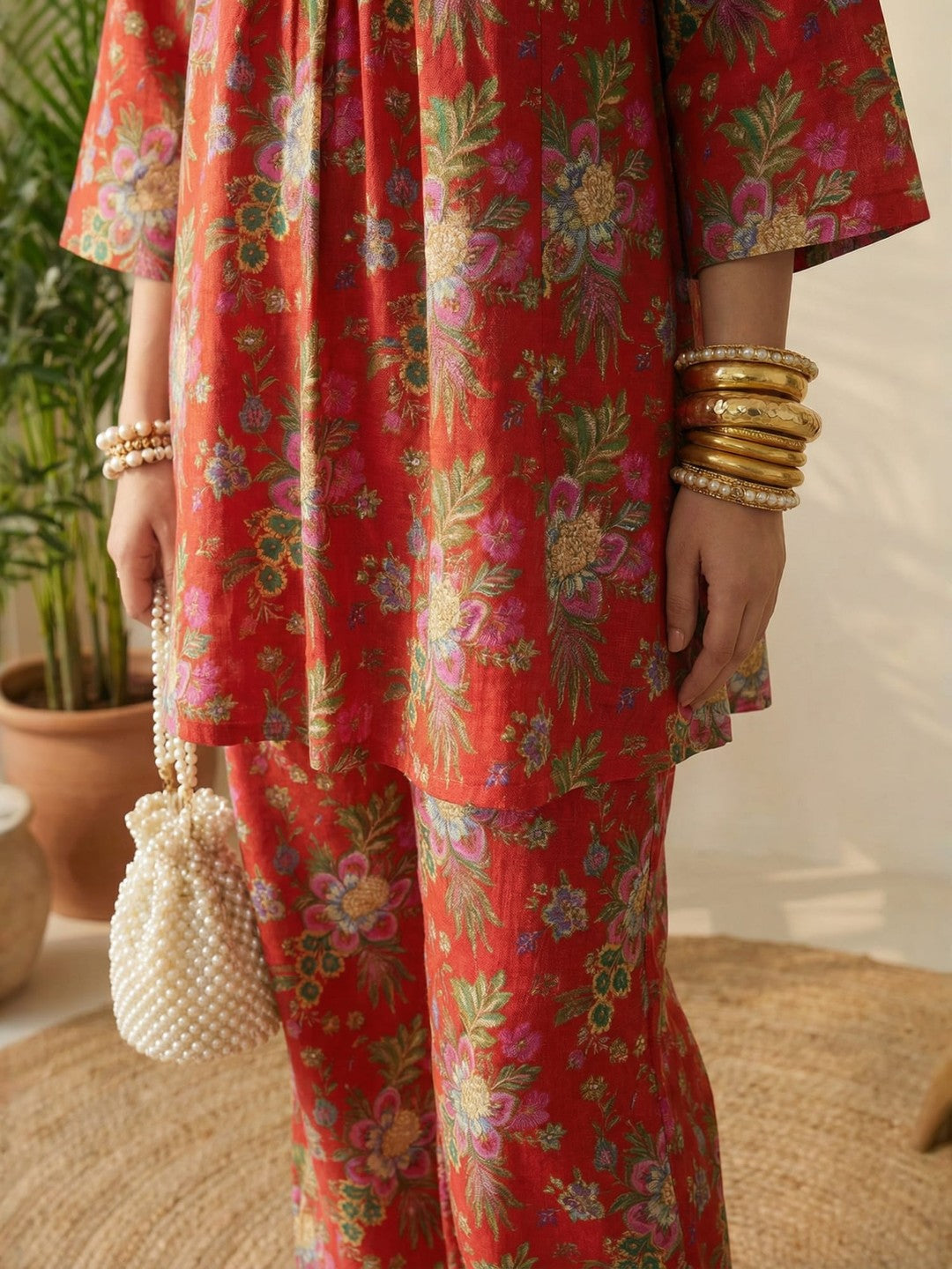 Romantic Florals Red Pure Cotton Flared Tunic & Palazzos Co-ord Set