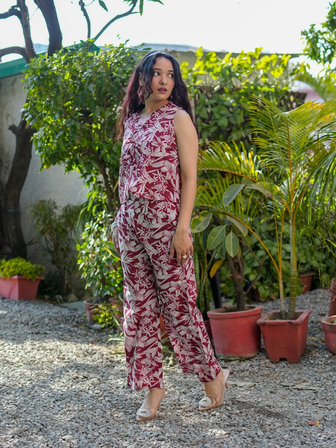 Maroon Floral Printed Pure Cotton Top & Palazzos Co-ord Set