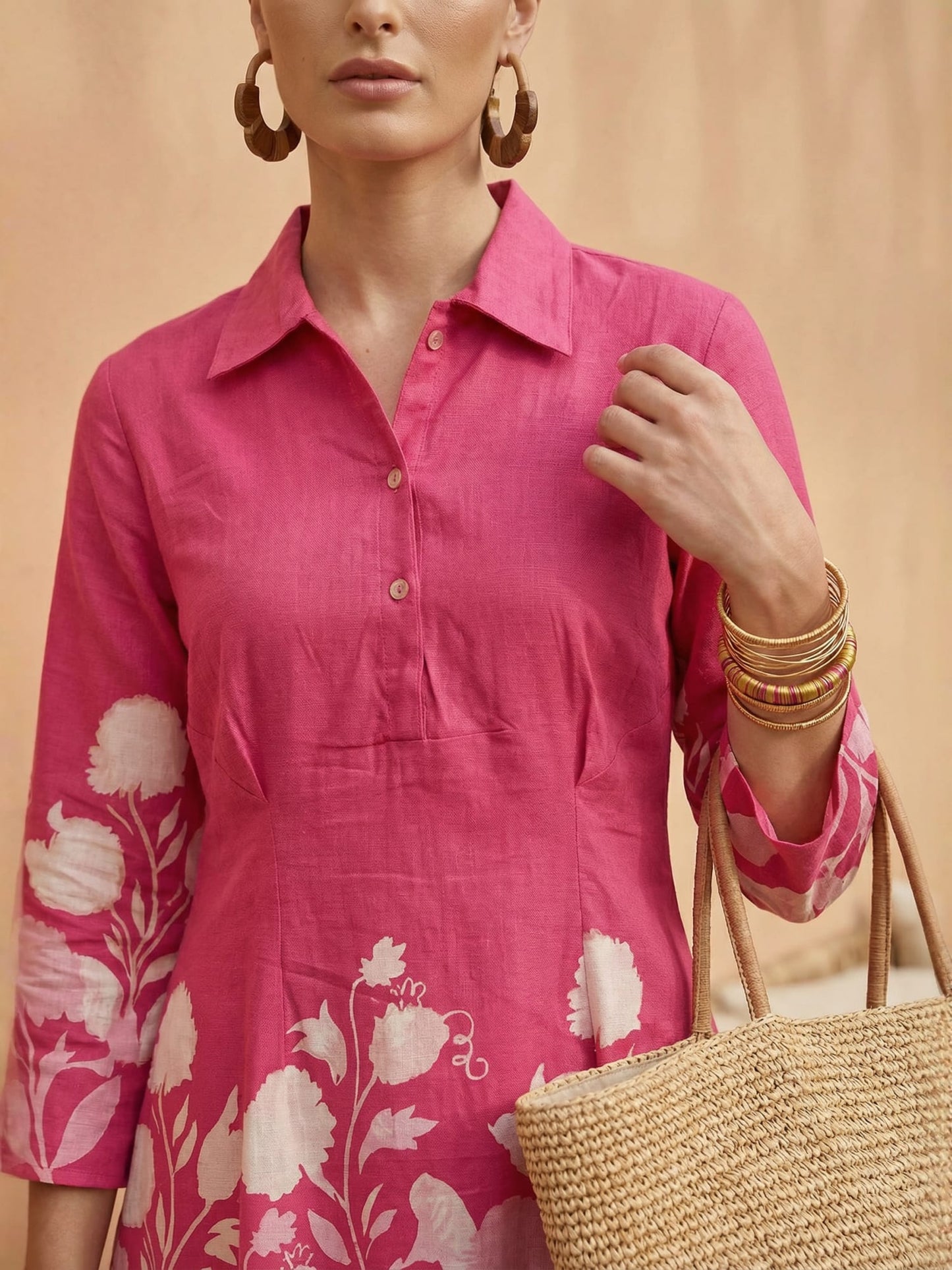 Pink Floral Pure Cotton Shirt Collar Tunic & Trousers Set