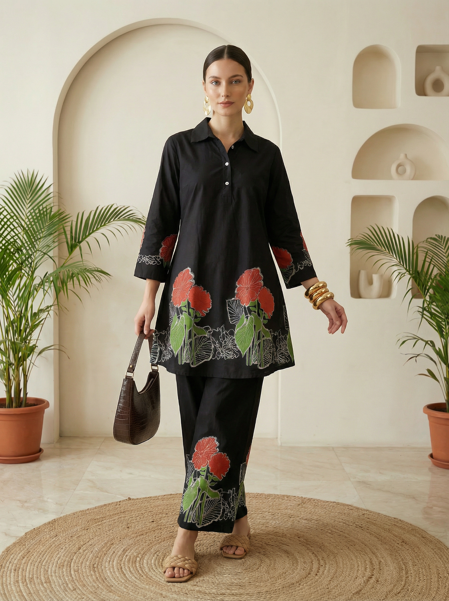 Romantic Florals Black Pure Cotton Tunic and Trousers