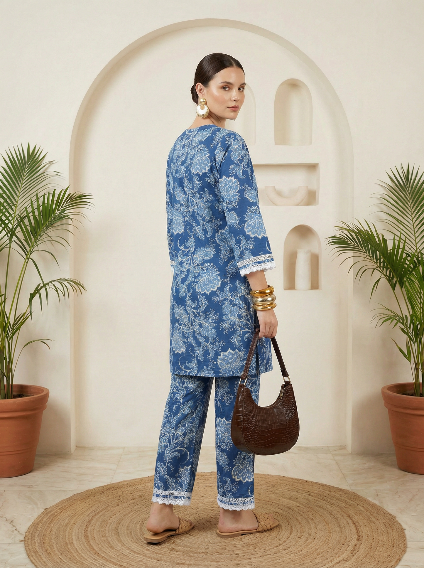 Romantic Florals White & Blue Pure Cotton V-Neck Tunic & Palazzos Set