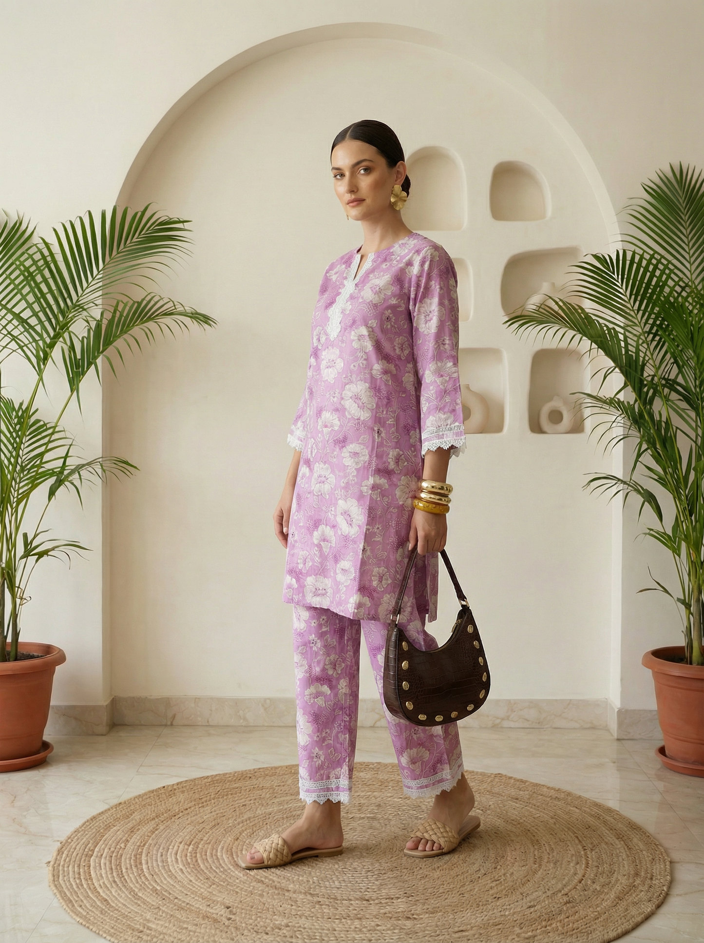 Romantic Florals Lavender Pure Cotton Lace Detail Tunic & Palazzos Set