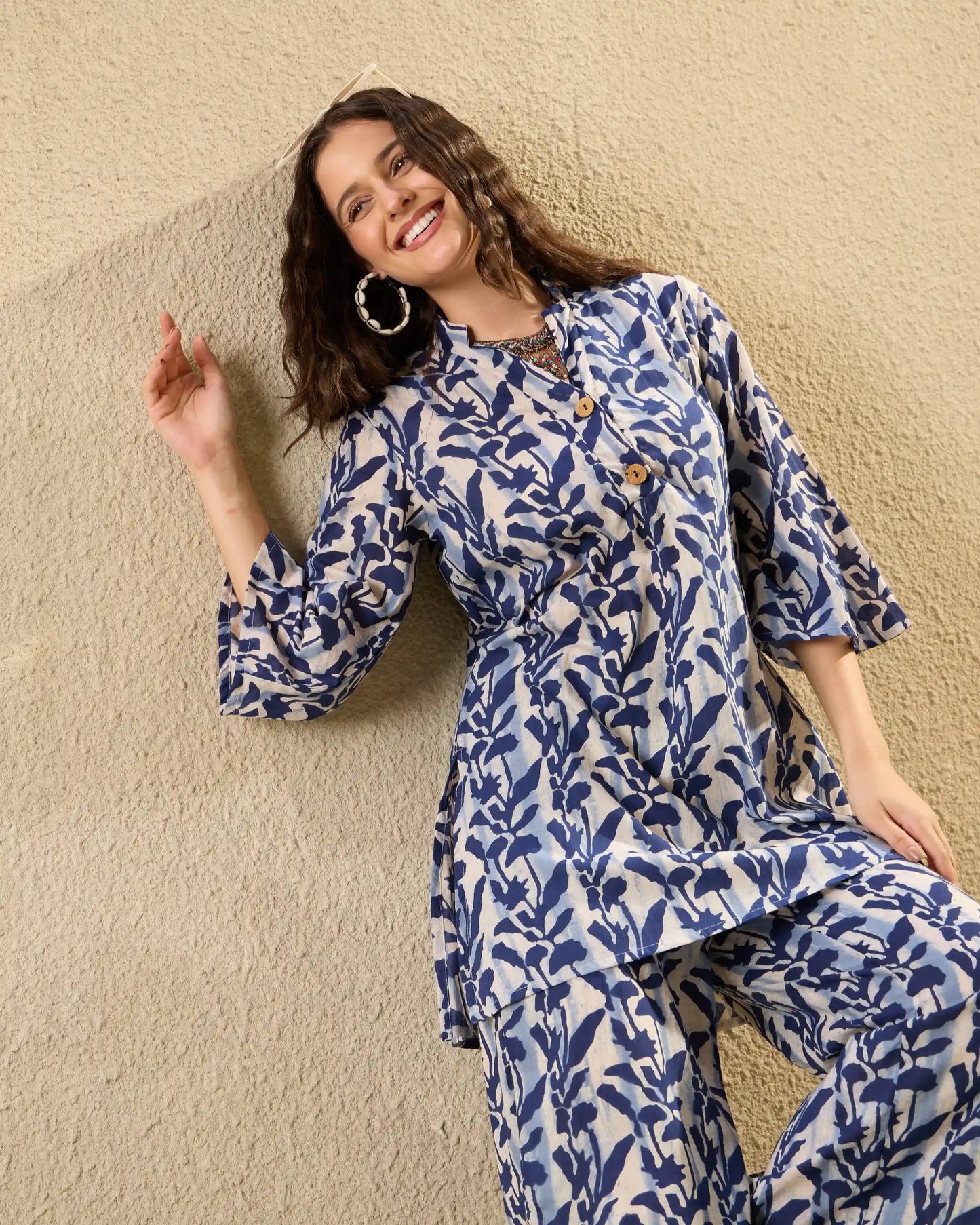 Blue Floral Pure Cotton V-Neck Top & Trouser Co-Ord Set