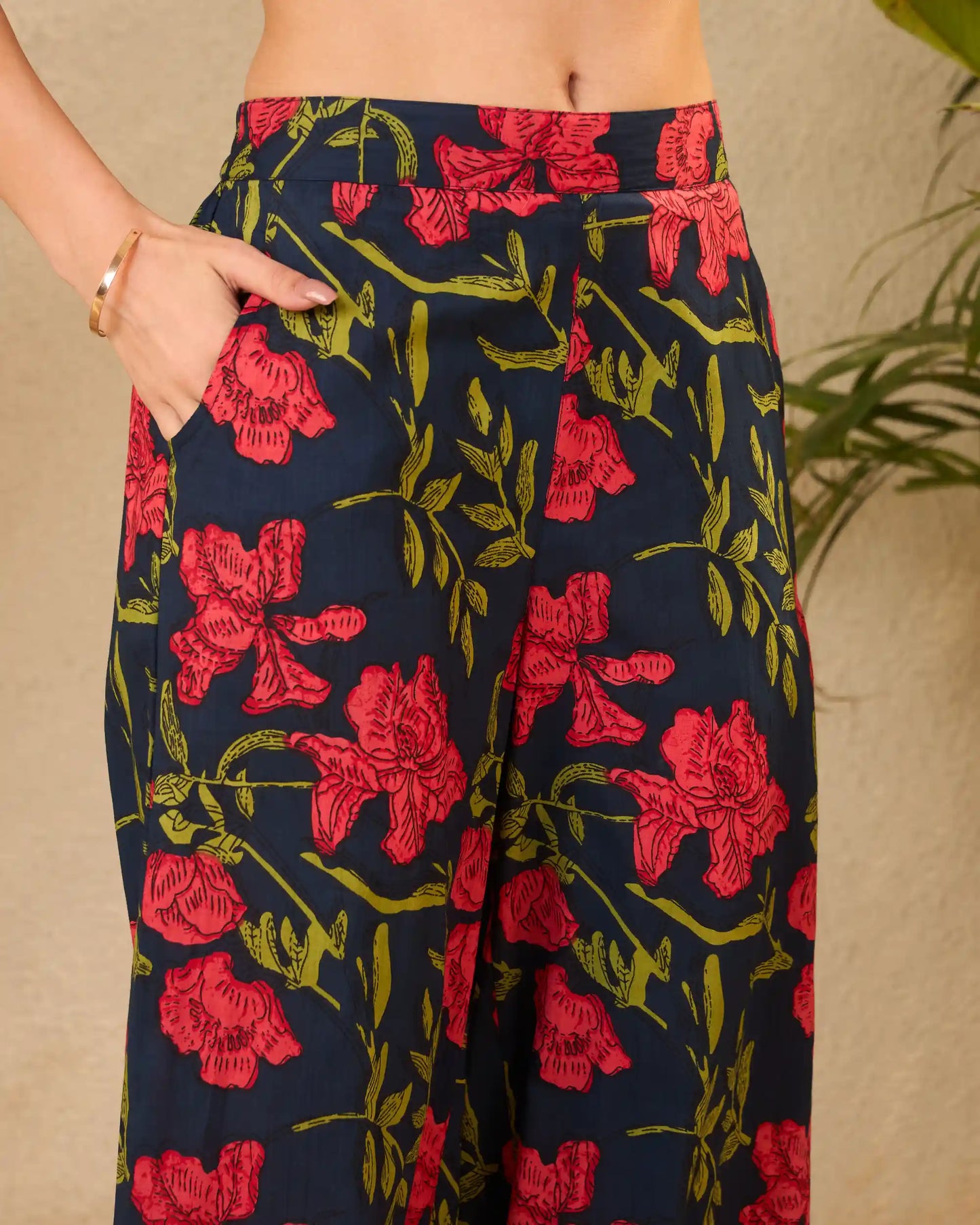 Blue & Pink Floral Pure Cotton Mandarin Neck Co-Ord Set