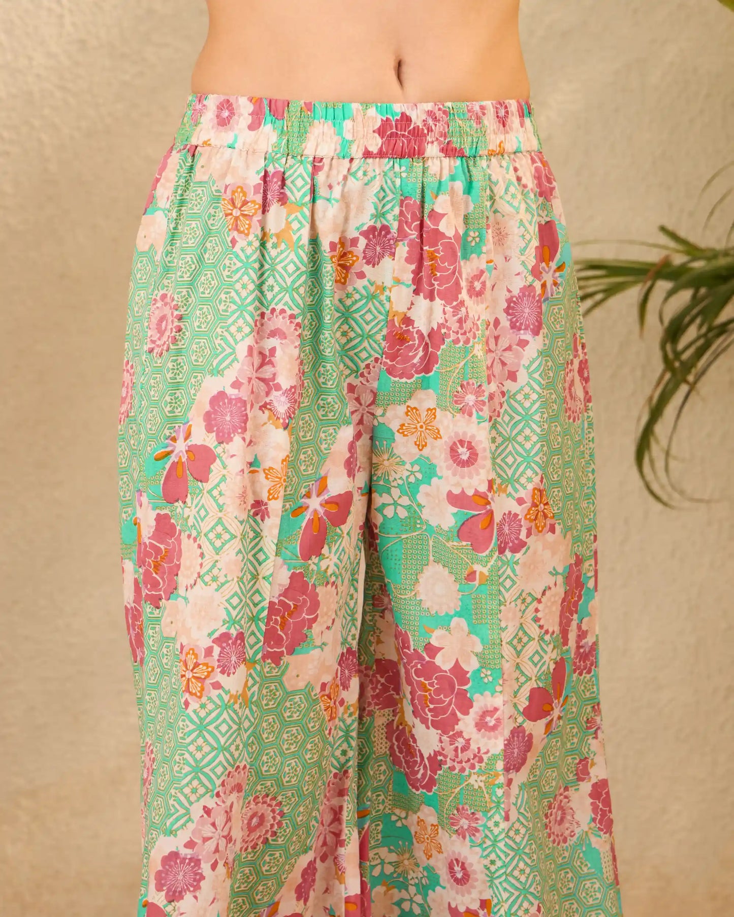 Green Floral Pure Cotton Tunic & Palazzo Co-Ord Set