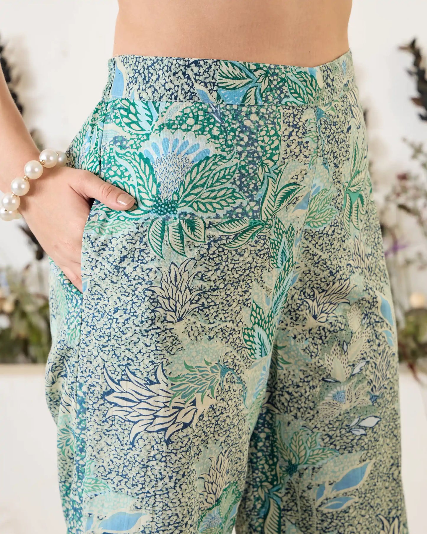 Green Floral Pure Cotton Round Neck Co-Ord Set