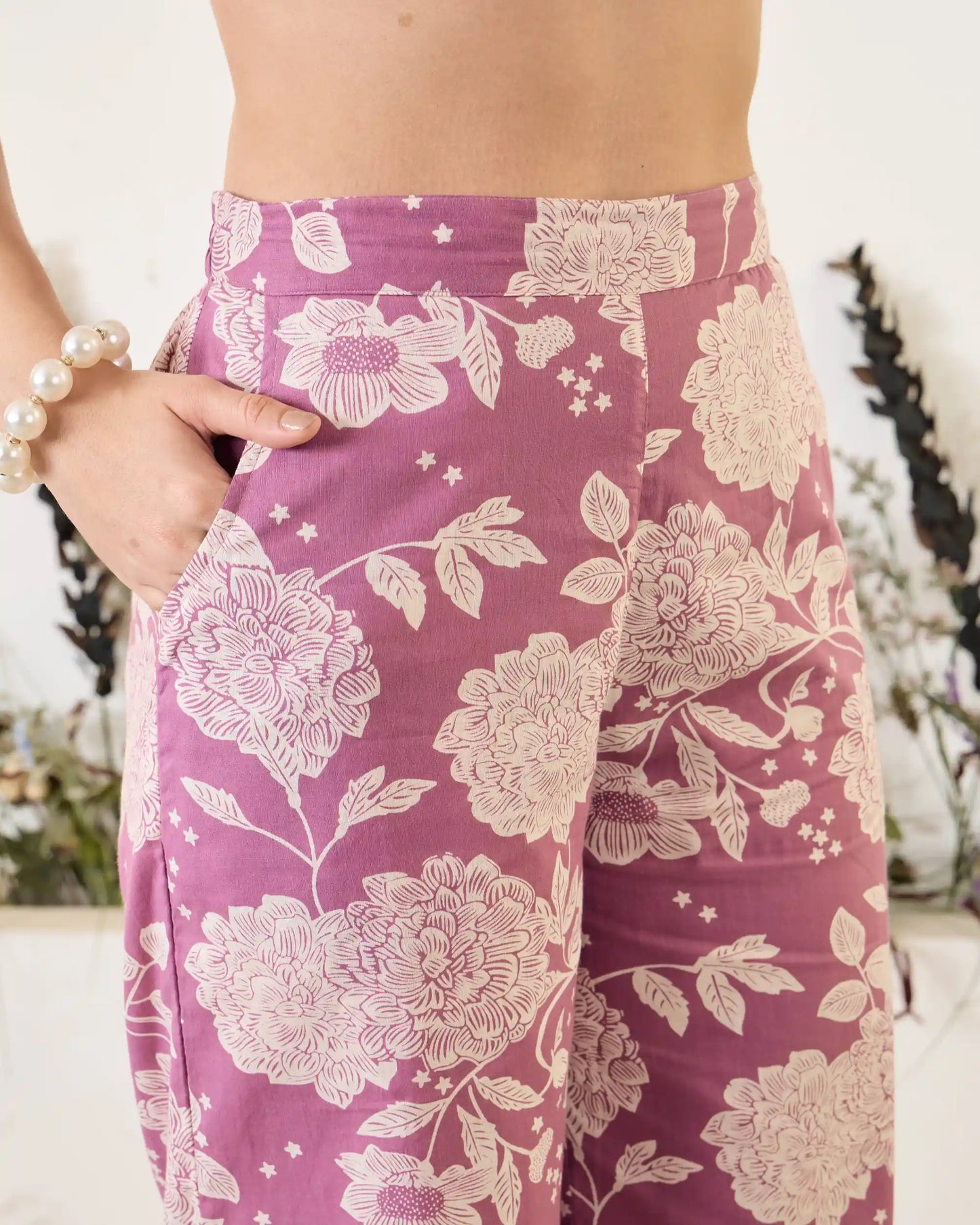 Lavender Floral Pure Cotton V-Neck Top & Trouser Co-Ord Set