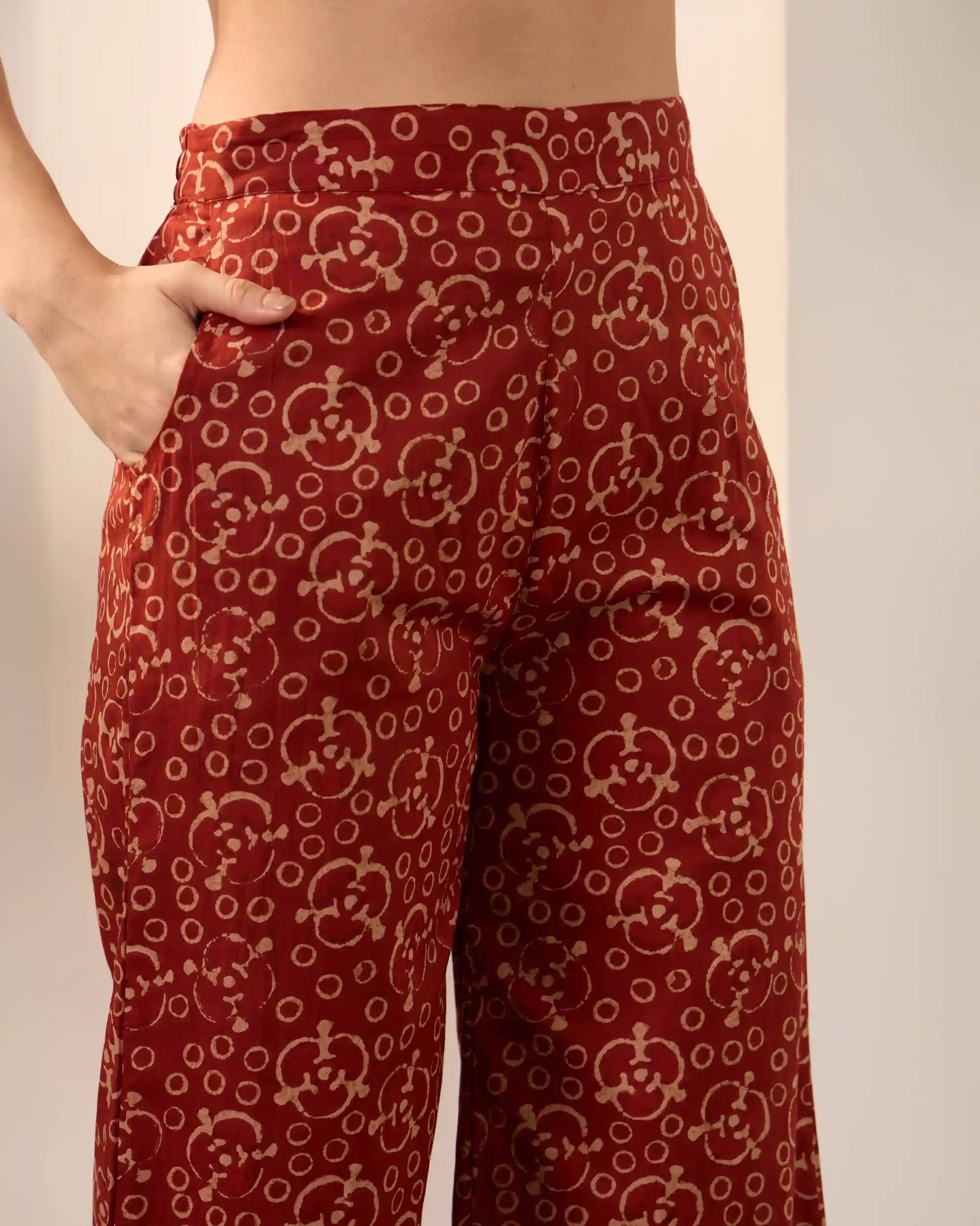 Maroon Printed Pure Cotton Mandarin Neck Tunic & Palazzo Set