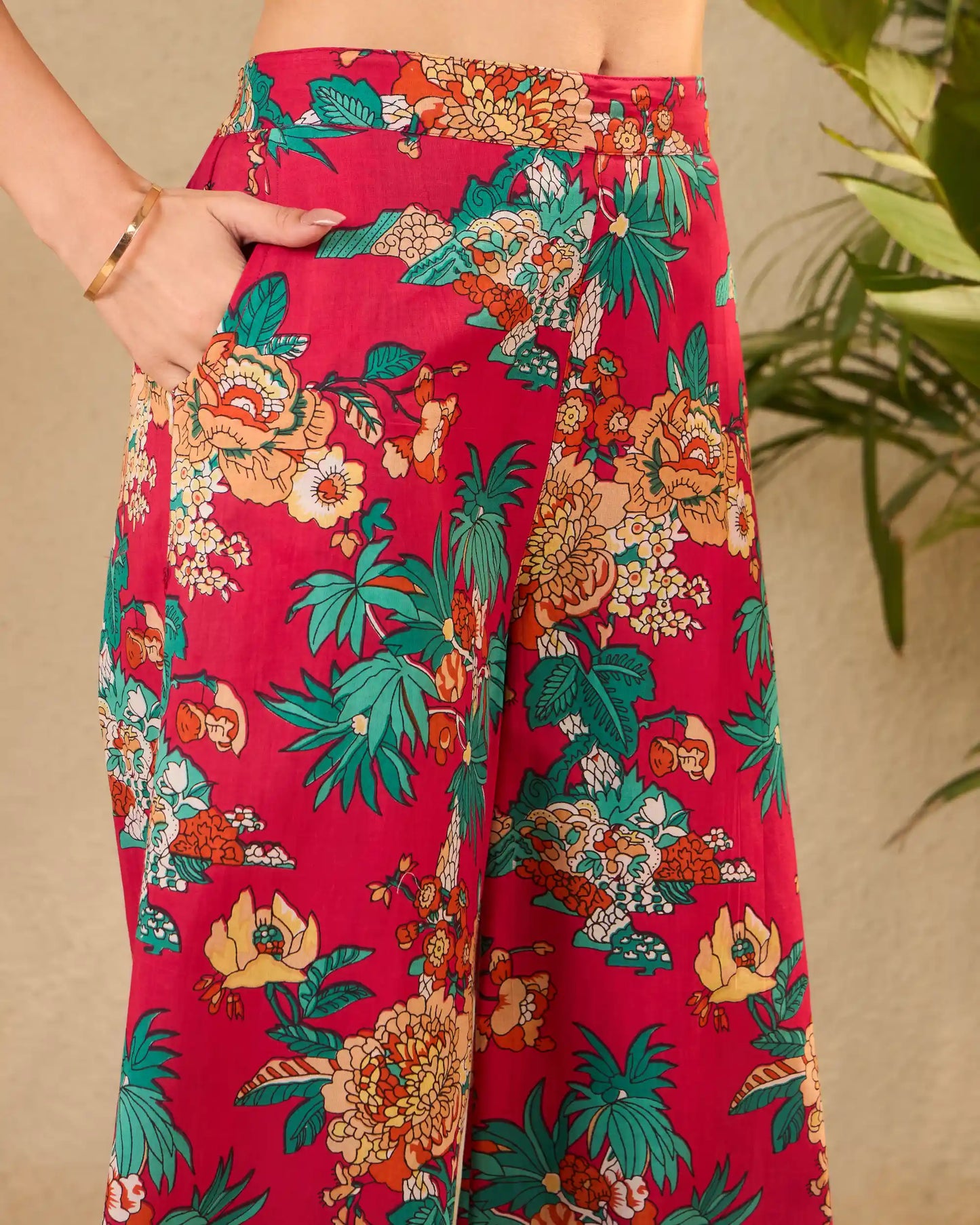 Pink Floral Pure Cotton Mandarin Neck Tunic & Palazzo Co-Ord Set