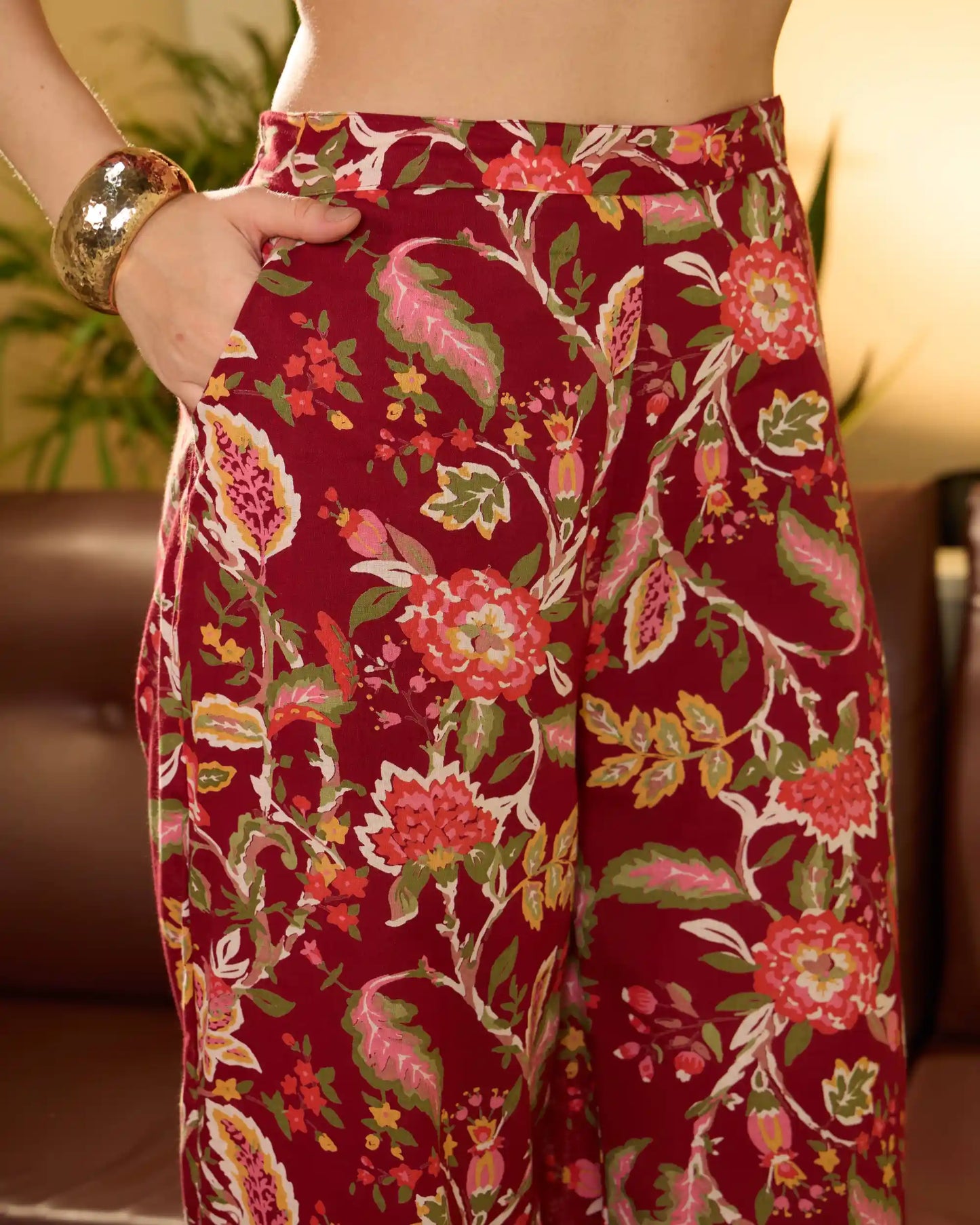 Red Floral Pure Cotton Mandarin Collar Shirt & Trouser Set