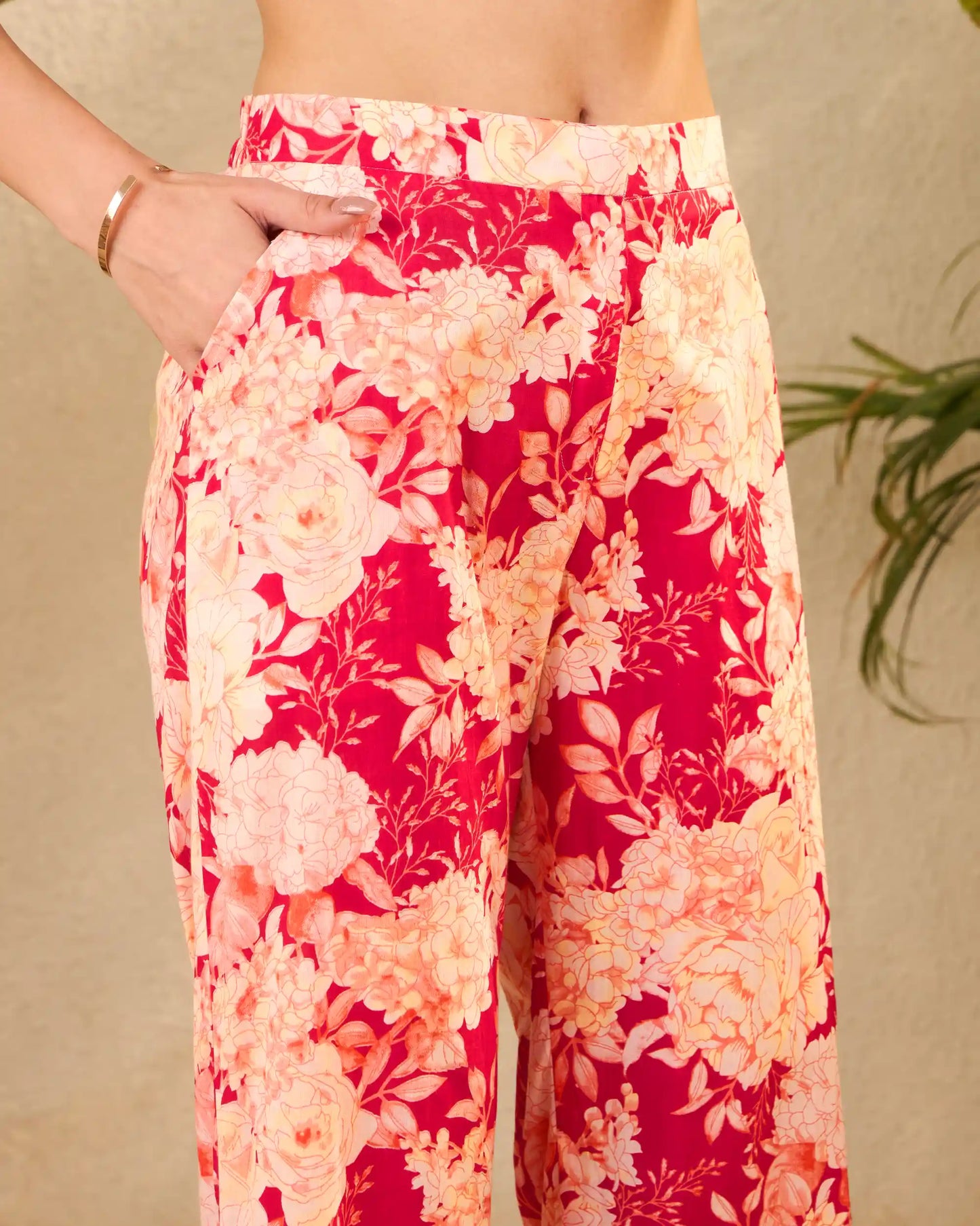 Red Floral Pure Cotton Shirt Collar Co-Ord Set with Trousers