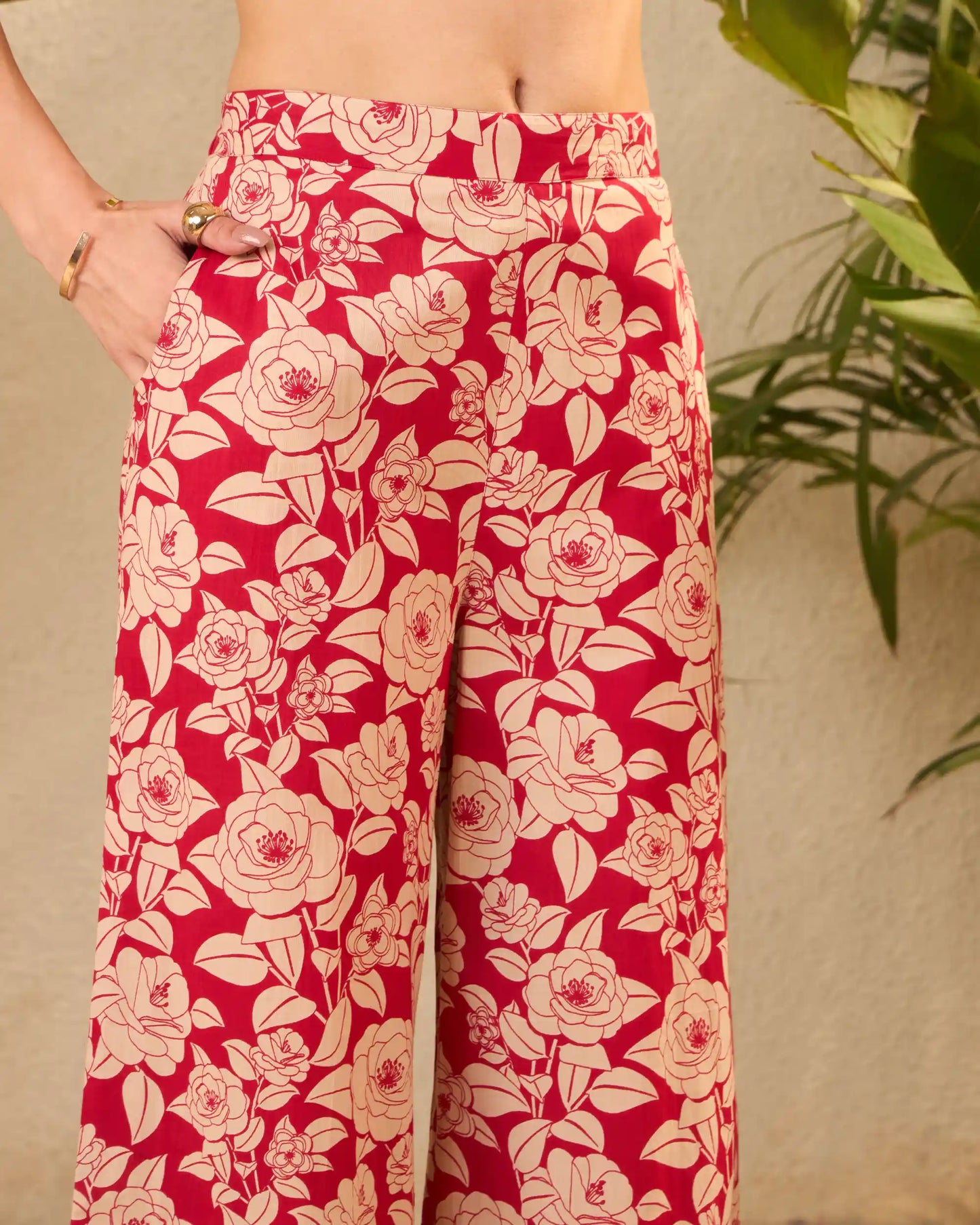 Red Floral Pure Cotton V-Neck Top & Trouser Co-Ord Set