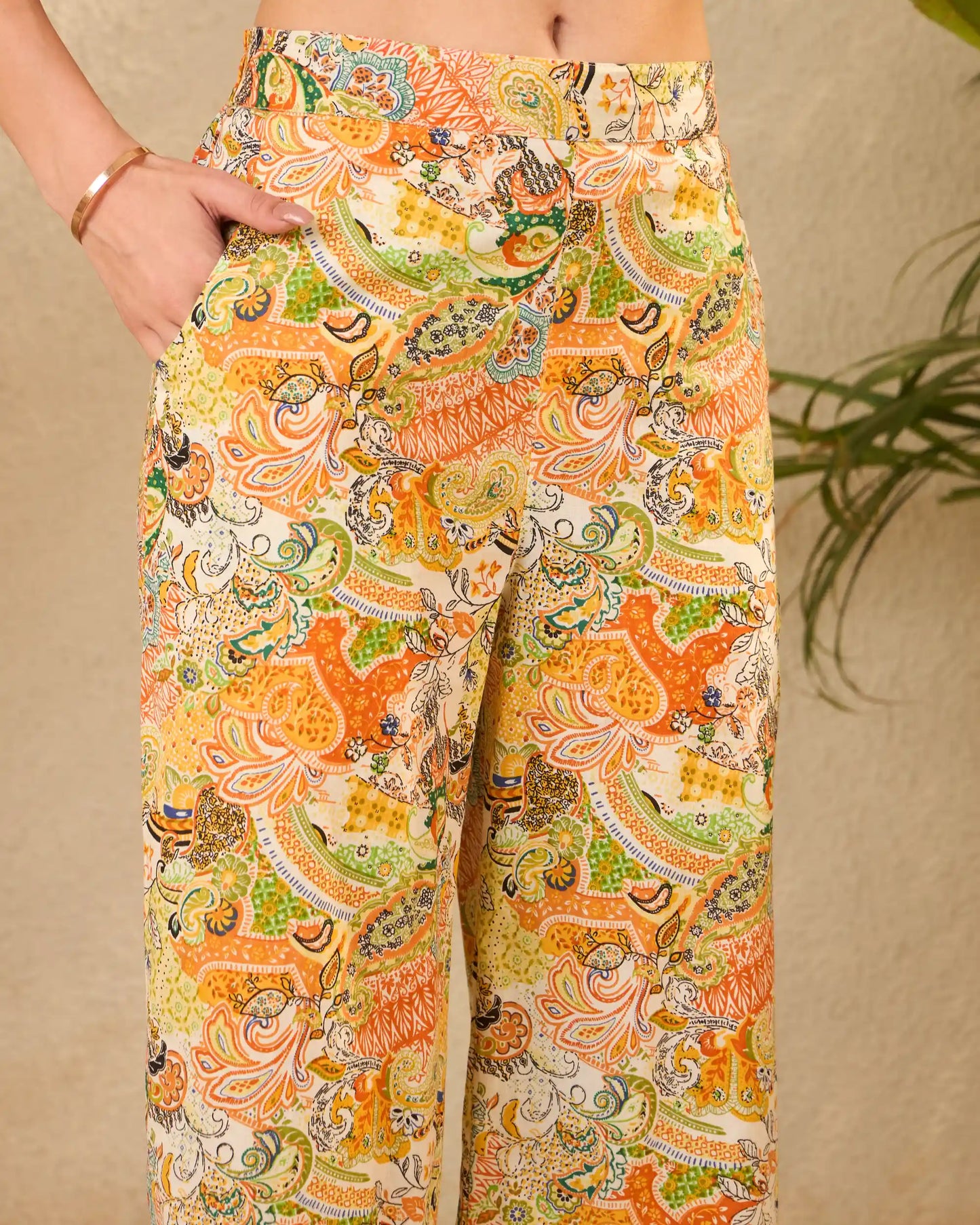 Yellow Floral Pure Cotton Mandarin Neck Top & Trouser Set