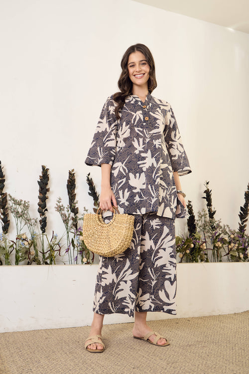 Black Floral Pure Cotton V-Neck Top & Trouser Co-Ord Set