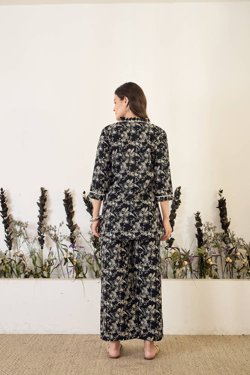 Black Printed Pure Cotton V-Neck Tunic & Palazzo Co-Ord Set