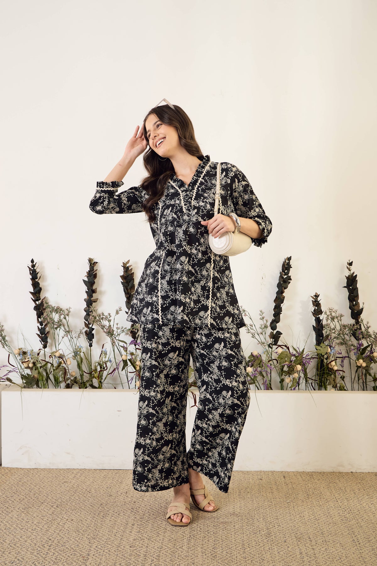Black Printed Pure Cotton V-Neck Tunic & Palazzo Co-Ord Set