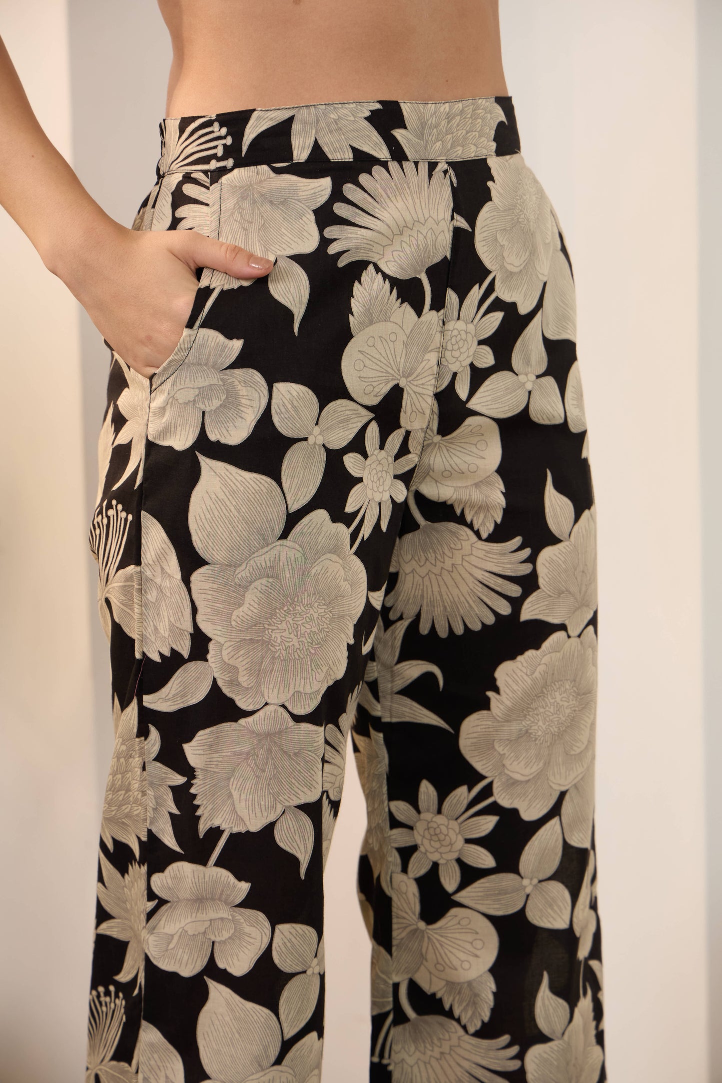 Black Floral Pure Cotton Shirt Collar Co-Ord Set with Trouser