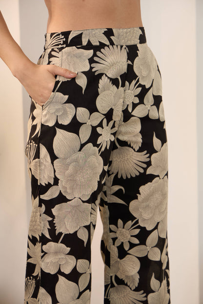 Black Floral Pure Cotton Shirt Collar Co-Ord Set with Trouser