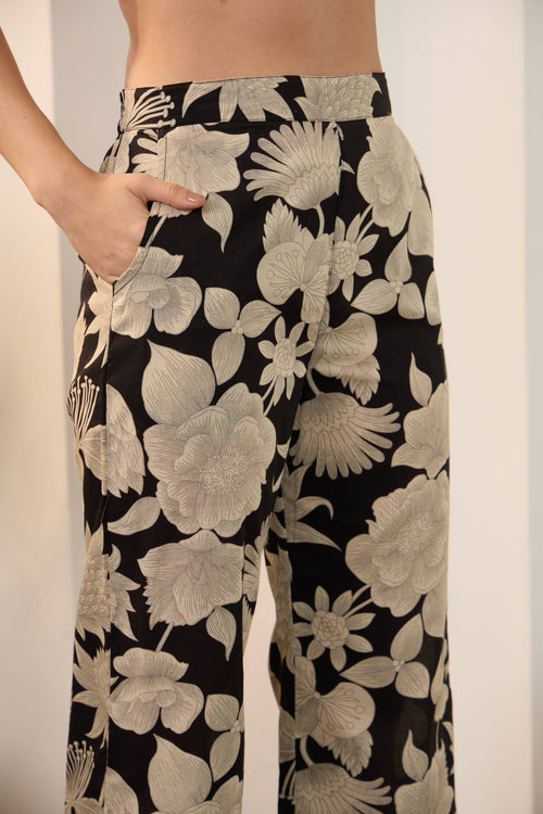 Black Floral Pure Cotton Shirt Collar Co-Ord Set with Trouser
