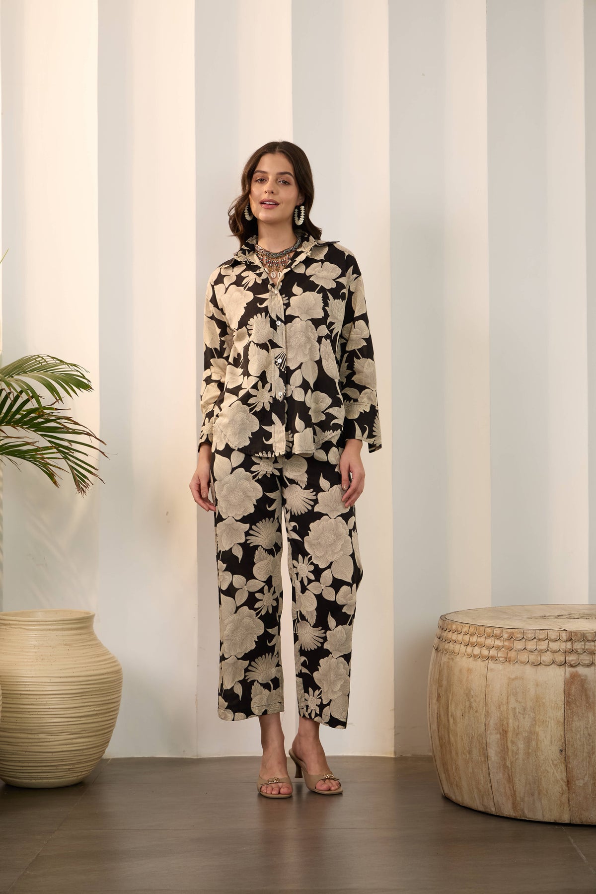 Black Floral Pure Cotton Shirt Collar Co-Ord Set with Trouser