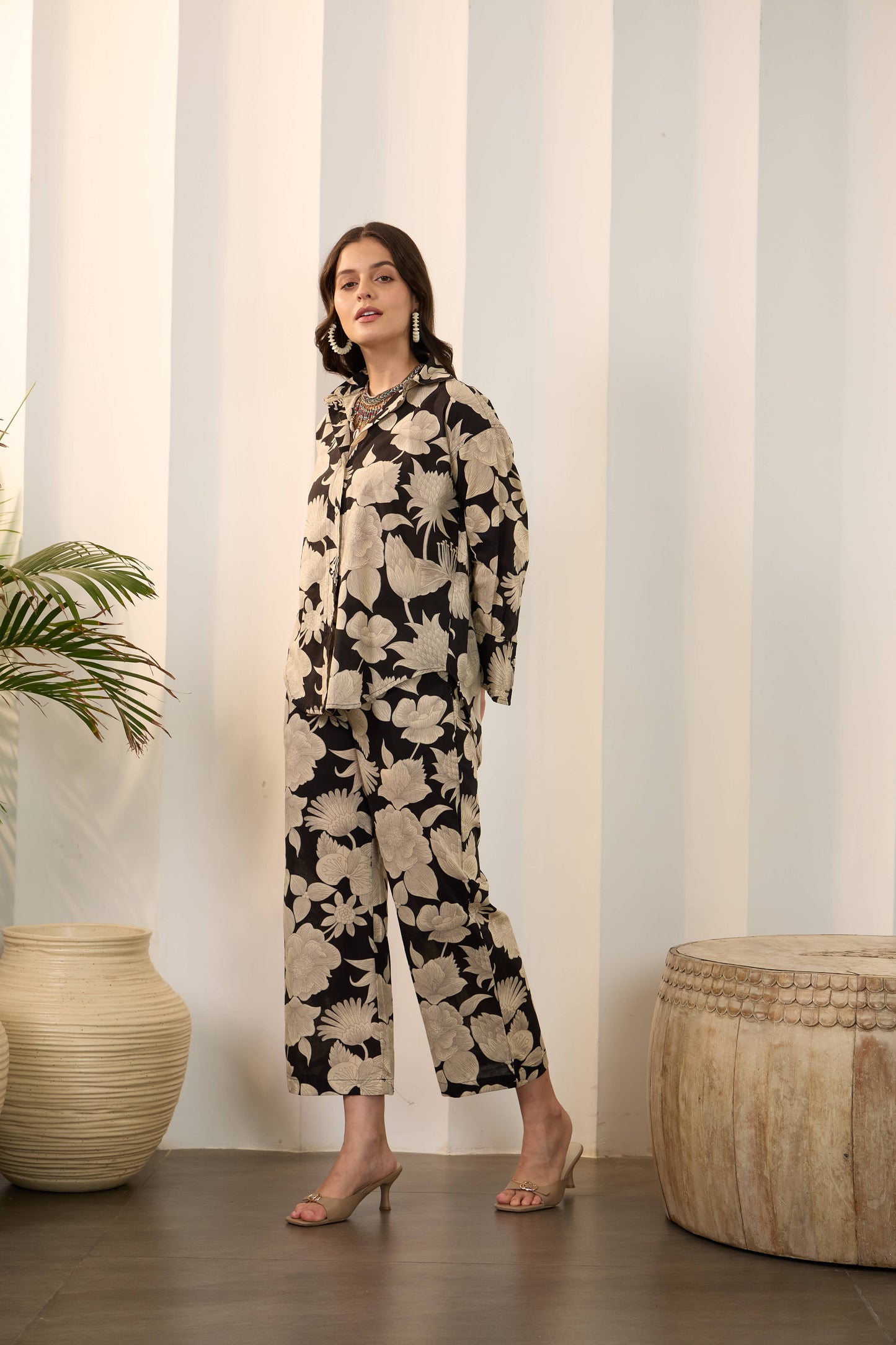 Black Floral Pure Cotton Shirt Collar Co-Ord Set with Trouser