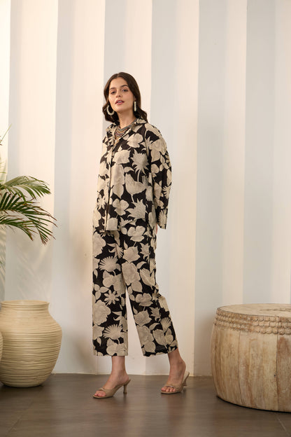 Black Floral Pure Cotton Shirt Collar Co-Ord Set with Trouser