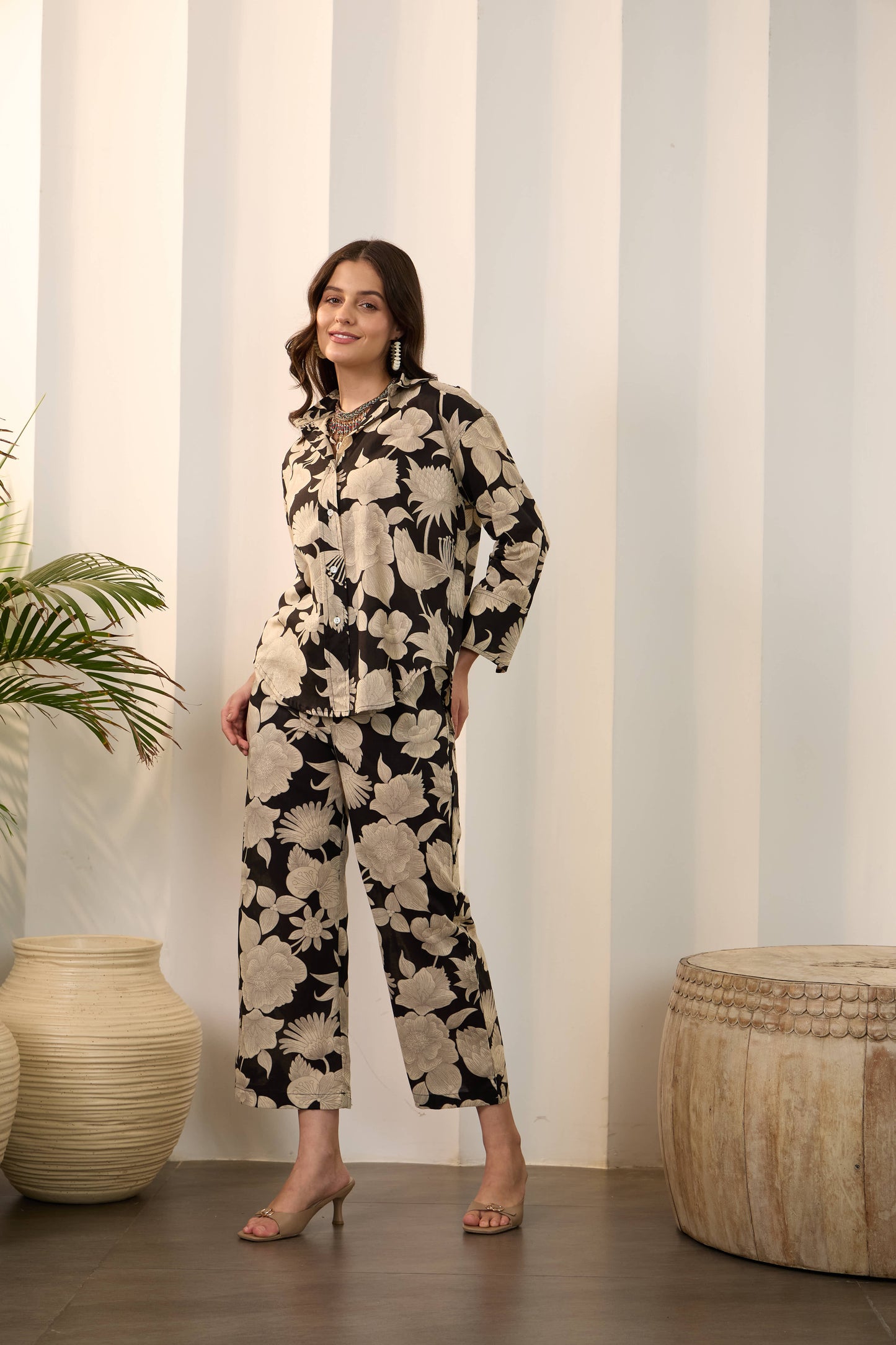 Black Floral Pure Cotton Shirt Collar Co-Ord Set with Trouser