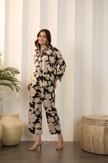 Black Floral Pure Cotton Shirt Collar Co-Ord Set with Trouser