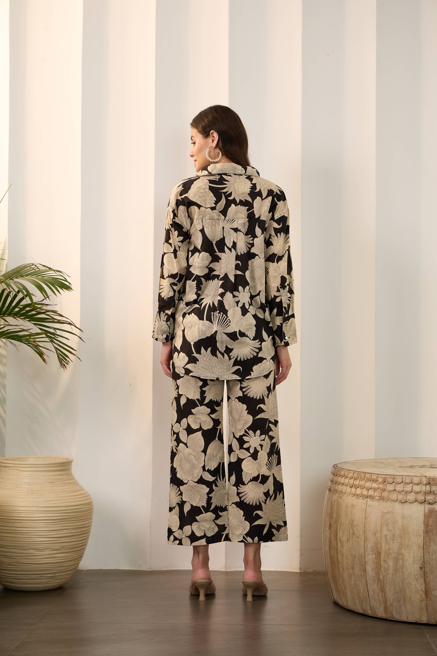 Black Floral Pure Cotton Shirt Collar Co-Ord Set with Trouser