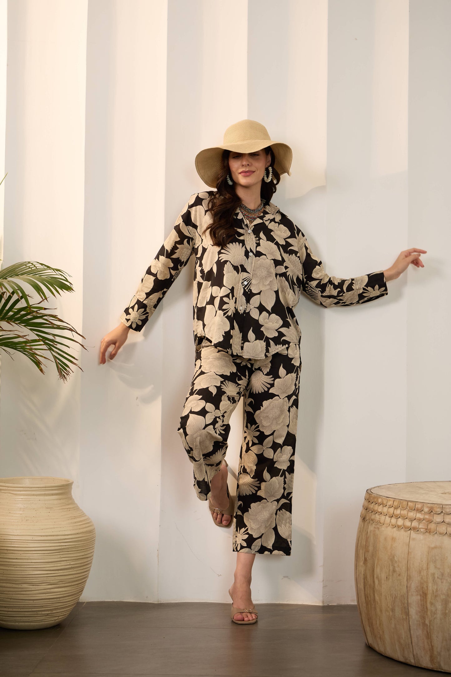 Black Floral Pure Cotton Shirt Collar Co-Ord Set with Trouser