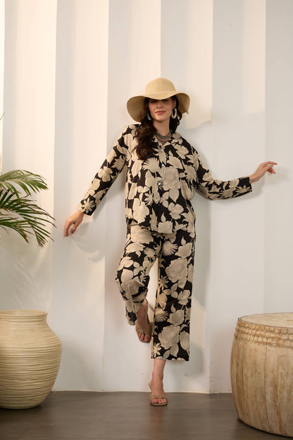 Black Floral Pure Cotton Shirt Collar Co-Ord Set with Trouser