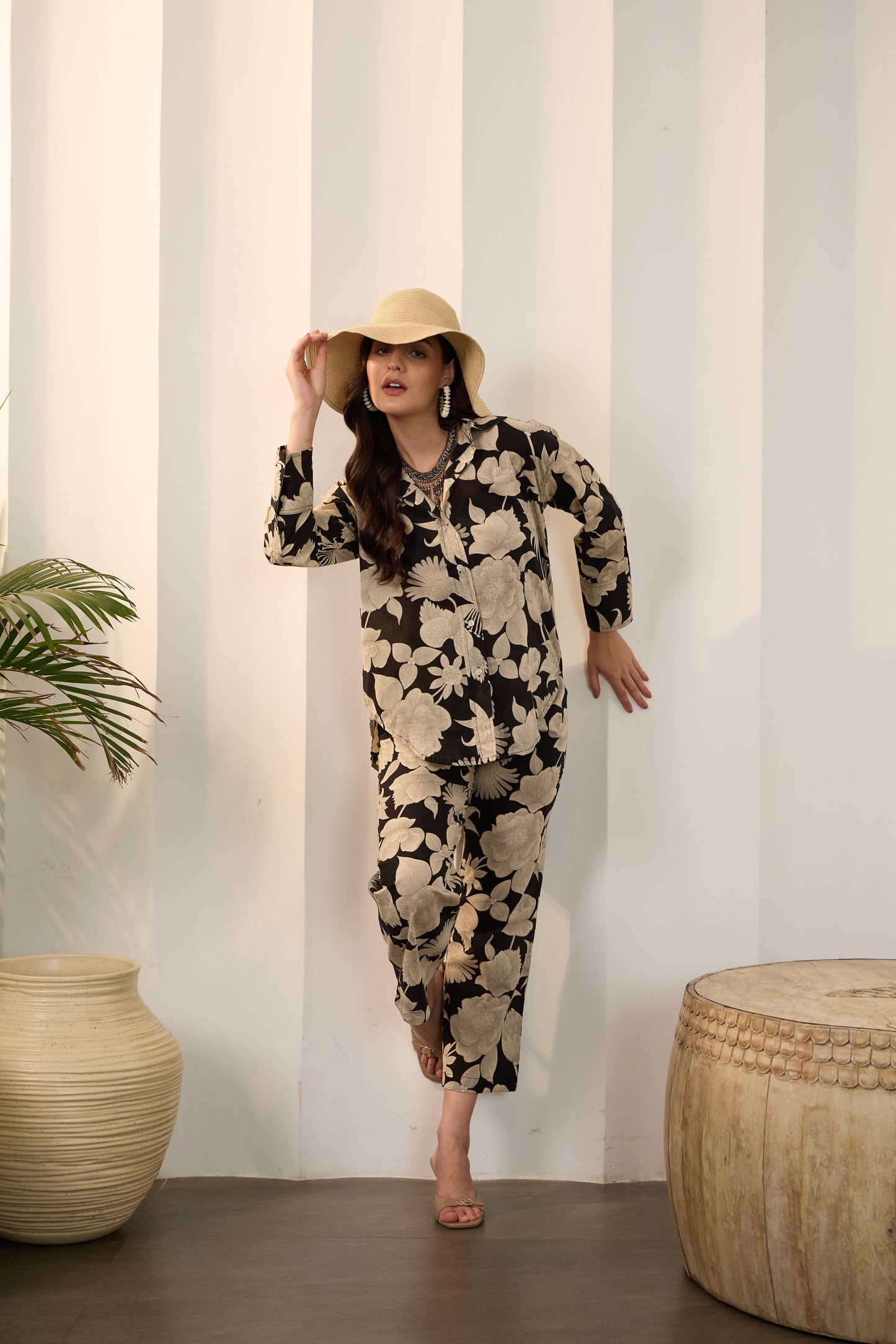 Black Floral Pure Cotton Shirt Collar Co-Ord Set with Trouser