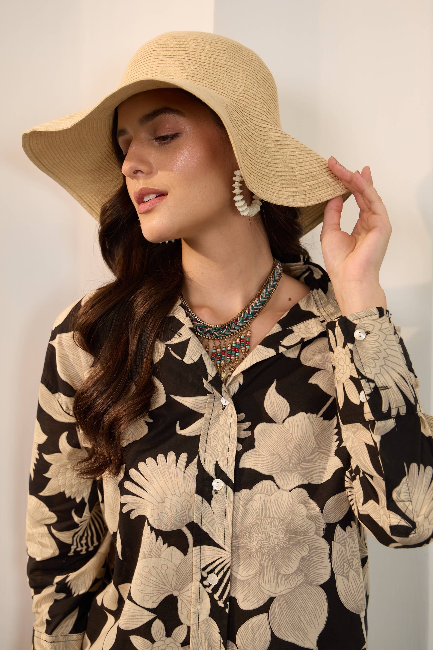 Black Floral Pure Cotton Shirt Collar Co-Ord Set with Trouser