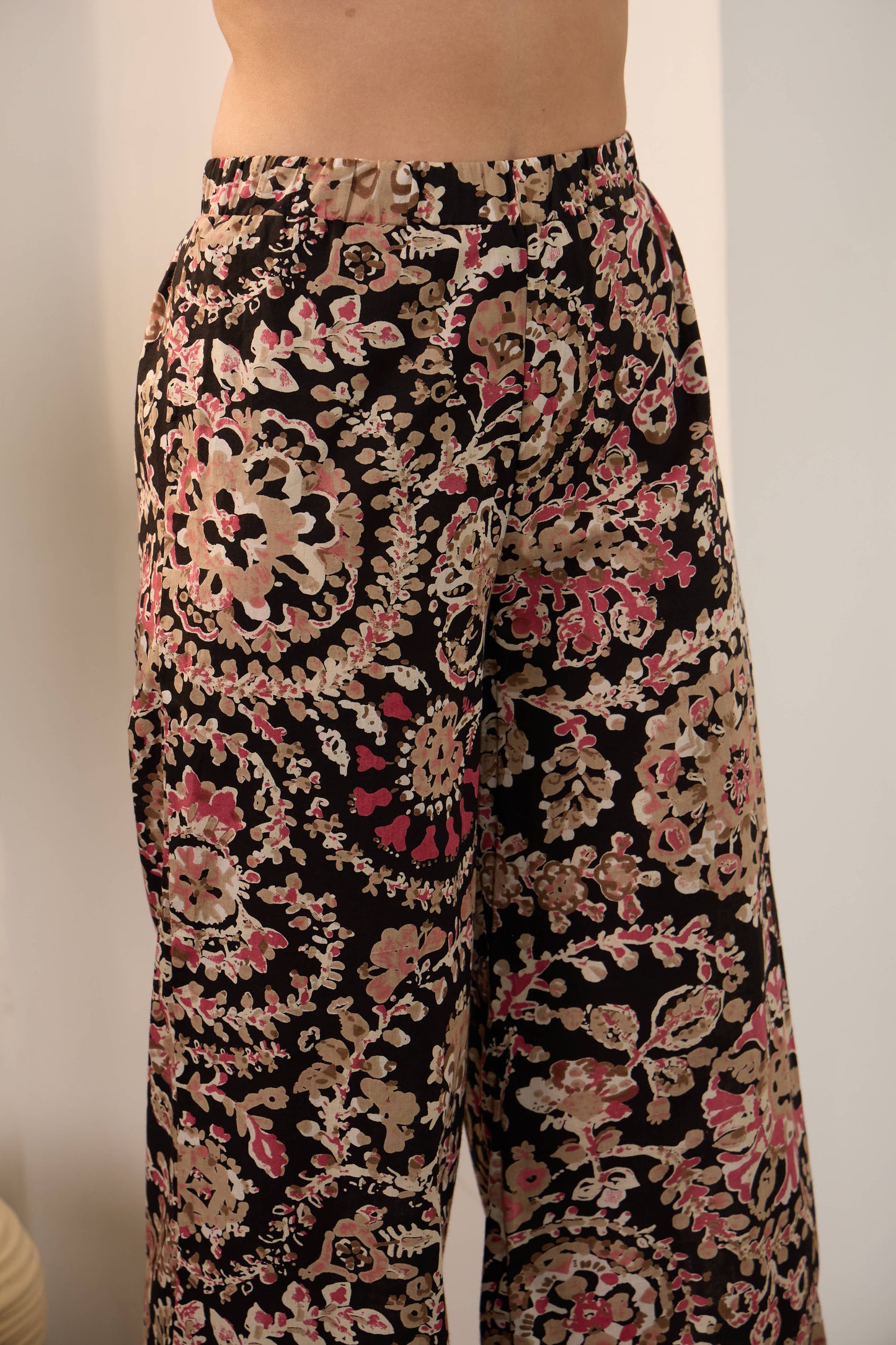 Black Floral Pure Cotton Shirt Collar Co-Ord Set with Trousers