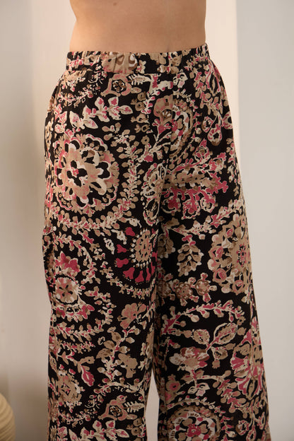 Black Floral Pure Cotton Shirt Collar Co-Ord Set with Trousers