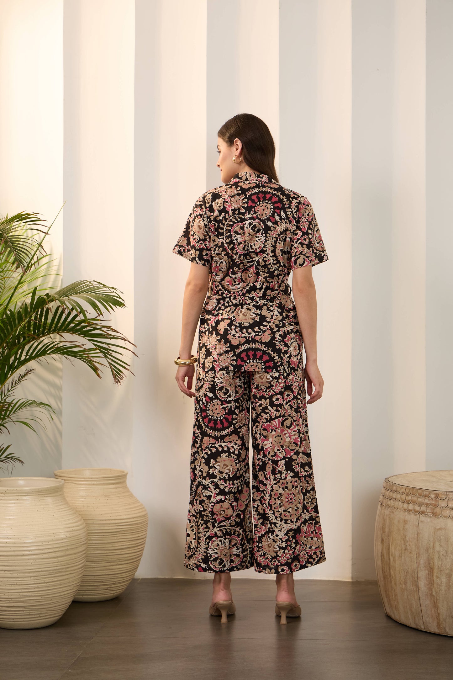 Black Floral Pure Cotton Shirt Collar Co-Ord Set with Trousers