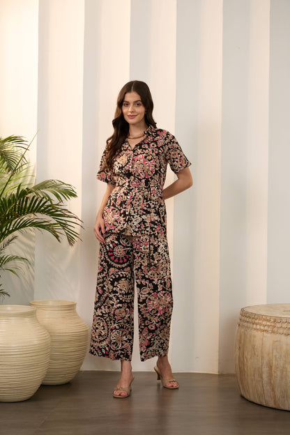 Black Floral Pure Cotton Shirt Collar Co-Ord Set with Trousers