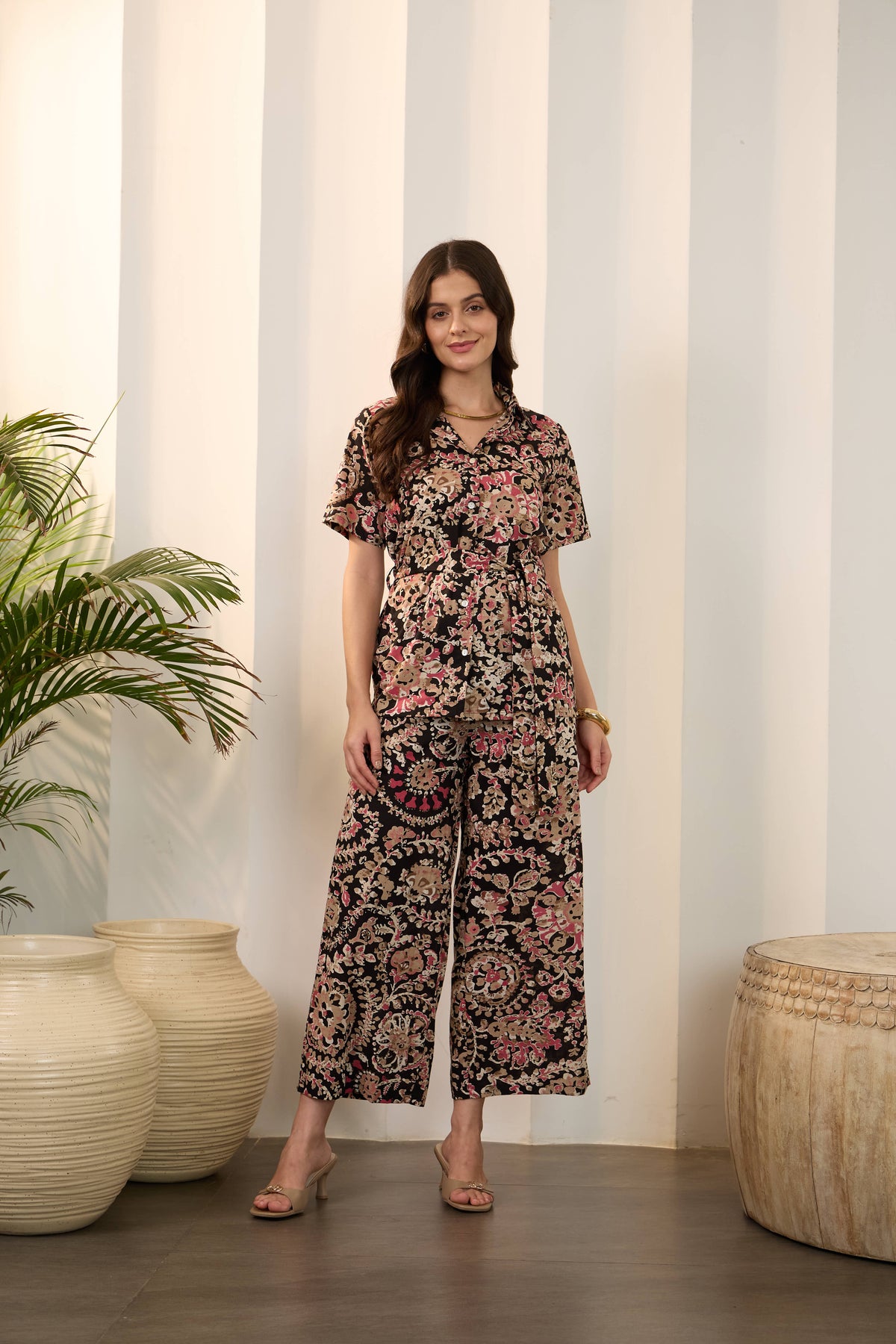 Black Floral Pure Cotton Shirt Collar Co-Ord Set with Trousers