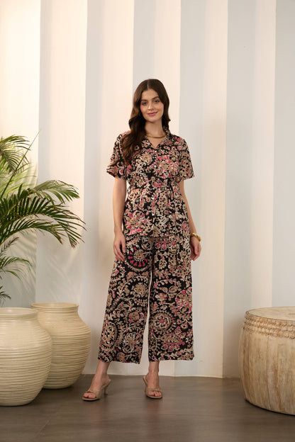 Black Floral Pure Cotton Shirt Collar Co-Ord Set with Trousers