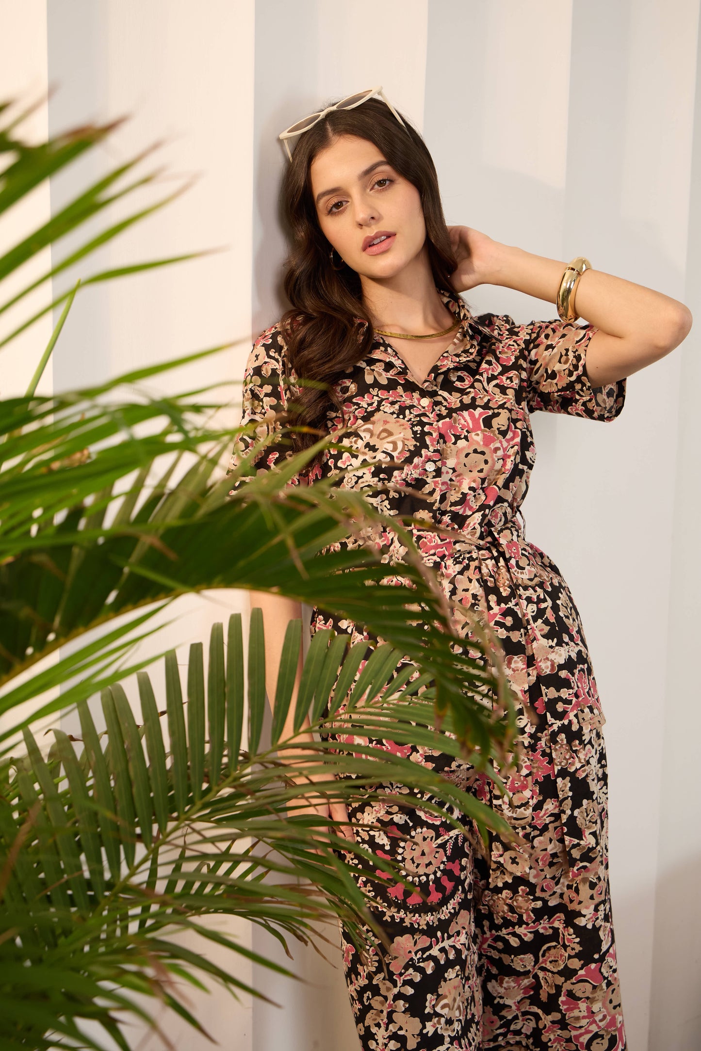 Black Floral Pure Cotton Shirt Collar Co-Ord Set with Trousers