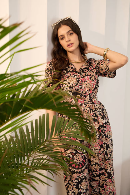 Black Floral Pure Cotton Shirt Collar Co-Ord Set with Trousers