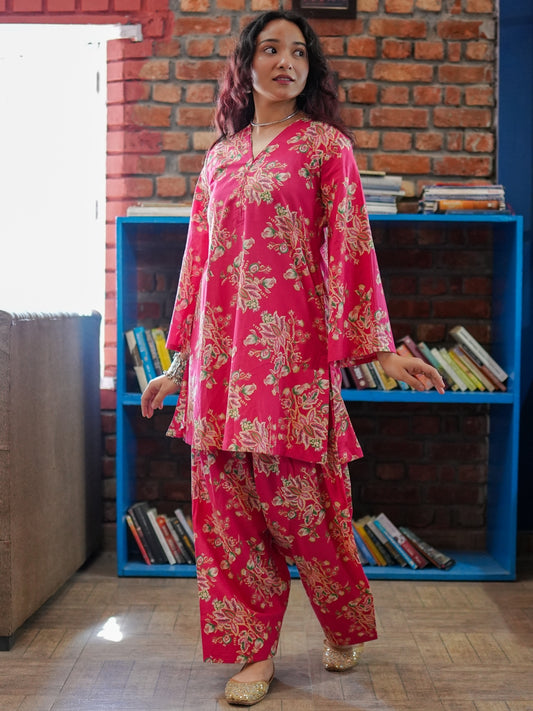 Pink Floral Fusion Pure Cotton Tunic and Trousers Co-ord Set