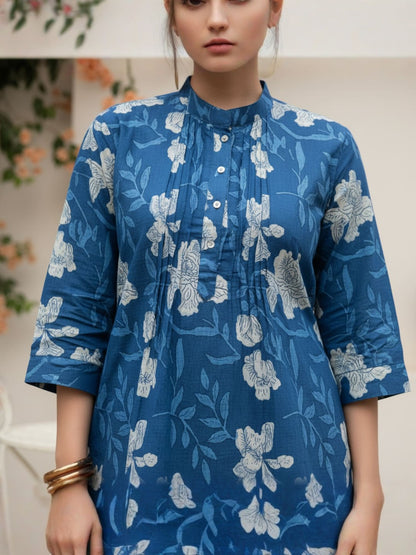 Women Pure Cotton Indigo Floral Printed Pleated Co-Ord Set