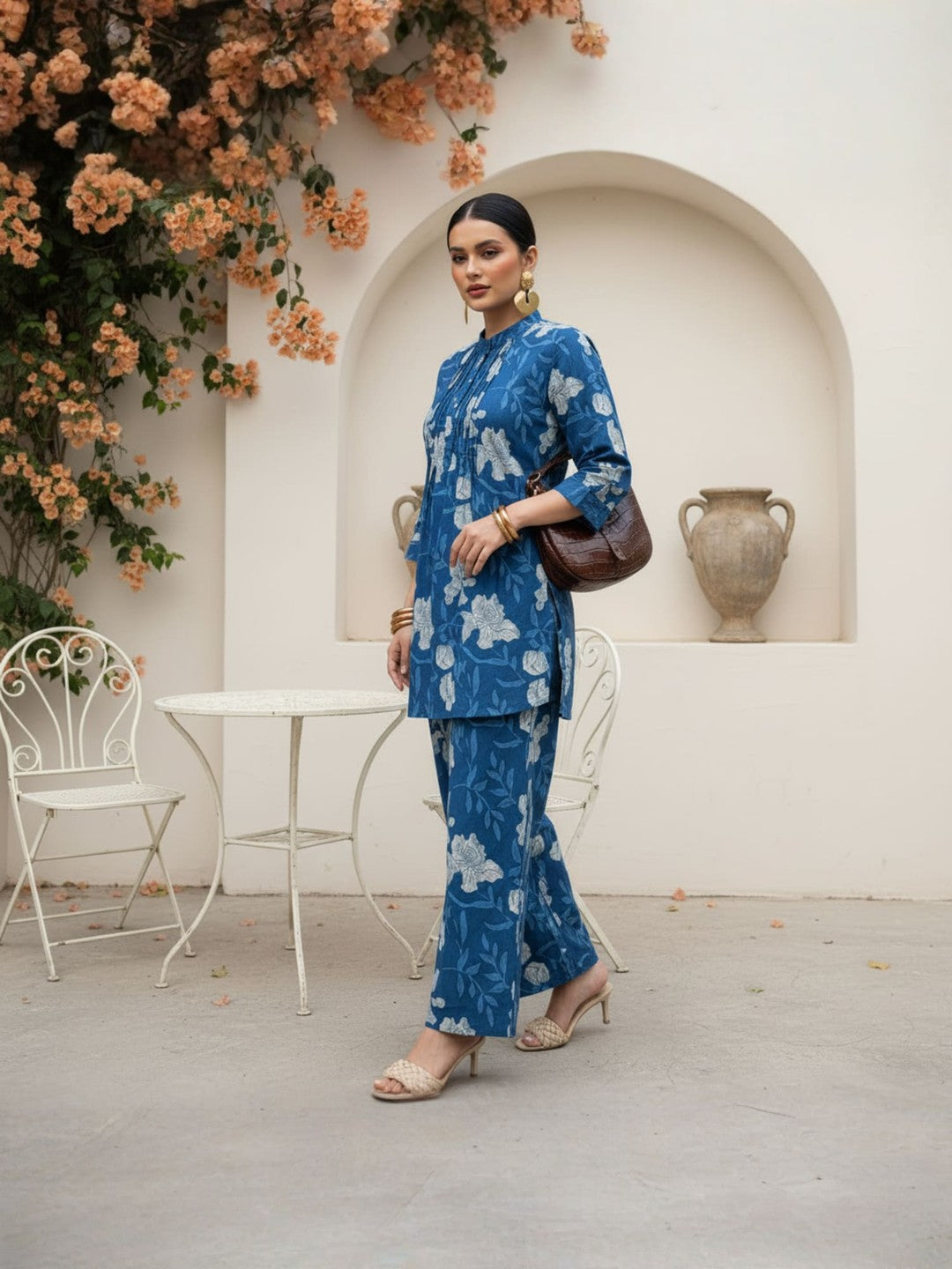 Women Pure Cotton Indigo Floral Printed Pleated Co-Ord Set