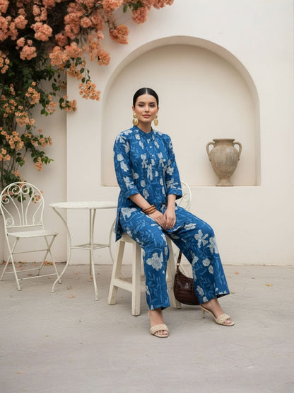 Women Pure Cotton Indigo Floral Printed Pleated Co-Ord Set
