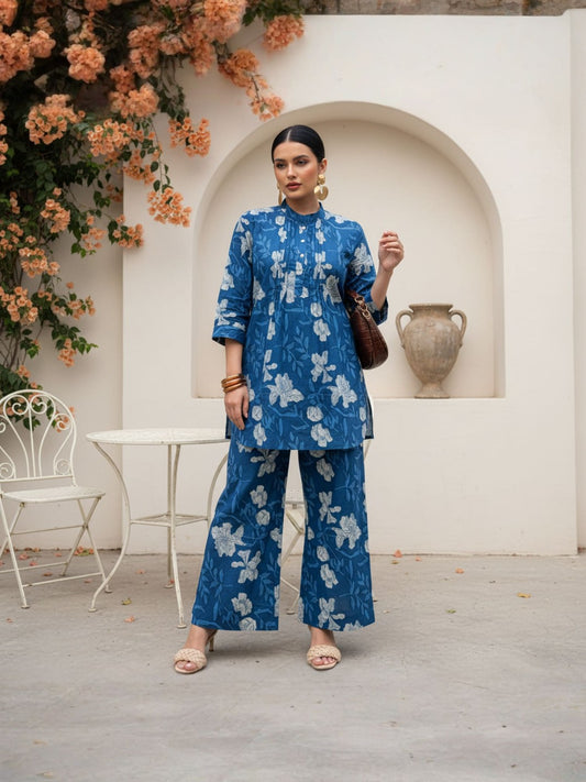 Women Pure Cotton Indigo Floral Printed Pleated Co-Ord Set