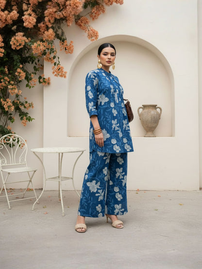 Women Pure Cotton Indigo Floral Printed Pleated Co-Ord Set